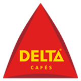 Dreieckiges rotes Logo Delta Cafés mit gelber Schrift